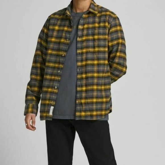 Jachs Other - JACHS Yellow Orange Navy Windowpane Plaid Flannel Long Sleeve Button 2XL